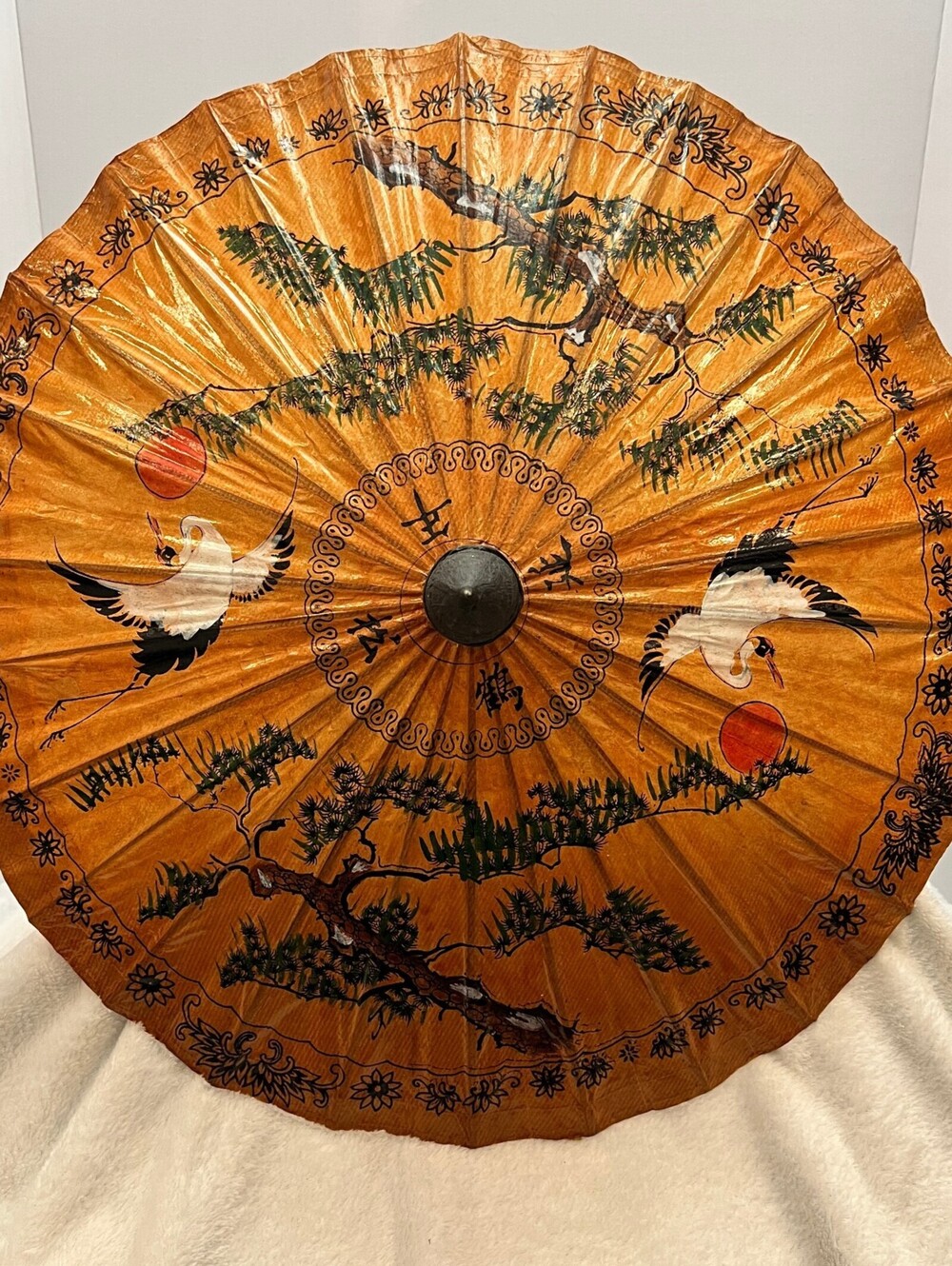 Vtg Japanese Wagasa Paper Parasol Hand Painted Crane Sun Bamboo Umbrella 23”